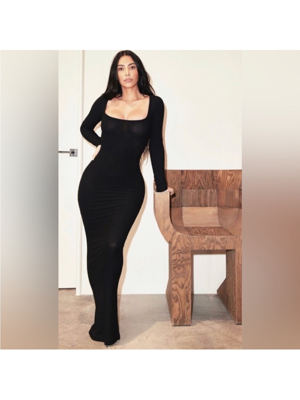 SKIMS Scoop Neck Long Sleeve Black Maxi Dress